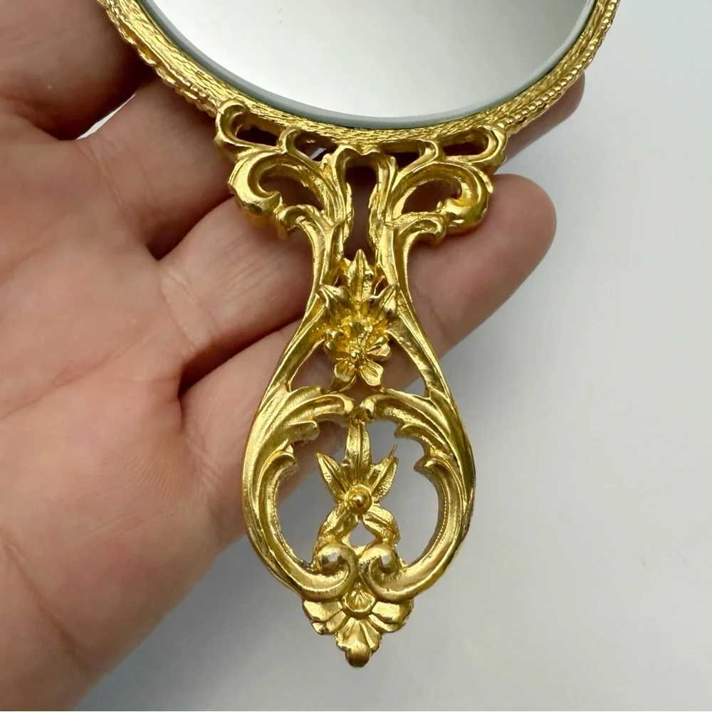 Kirks Folly Clear Rhinestone Crystal Jeweled Golden Small Vanity Hand Mirror
